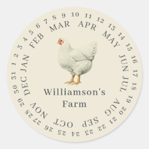 Antieke boerderijkip omcirkelde datum eierdoos vin ronde sticker