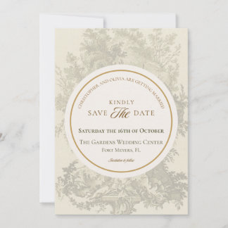 Antieke Boheemse toile saliegroen & crèmekleurige Save The Date