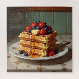 Antieke bord met wafels en aardbeien legpuzzel