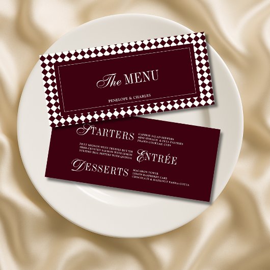 Antieke bordeaux geruite elegante scriptuur bruilo menu
