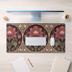 Antieke bordeauxrode en gouden Art Nouveau bloem Bureaumat