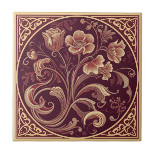 Antieke bordeauxrode en gouden Art Nouveau bloem Tegeltje
