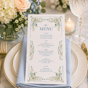 Antieke botanische blauwe bloemige bruiloftsborrel menu