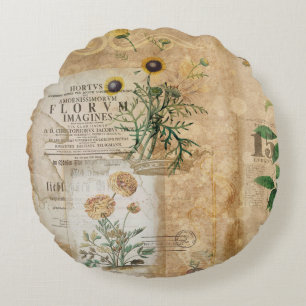 Antieke Botanische Bloem Illustratie Rond Kussen
