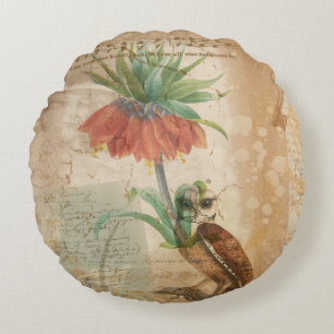 Antieke Botanische Bloem Illustratie Rond Kussen