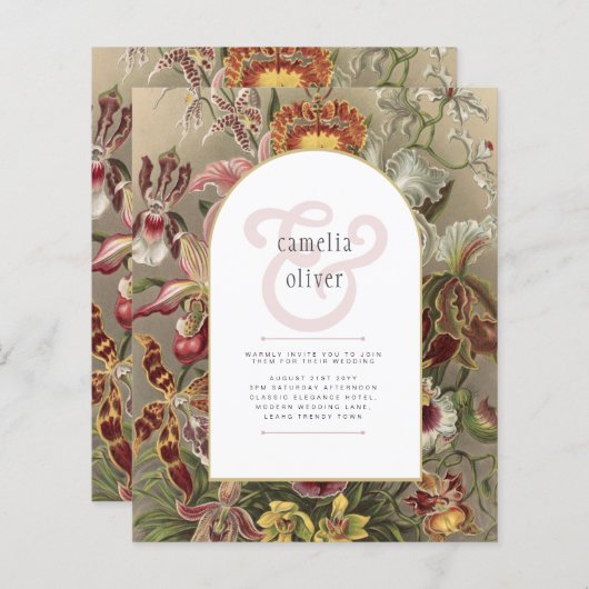 Antieke botanische bordeauxrode bloemen trouwkaart (Voorkant / Achterkant)