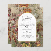 Antieke botanische bordeauxrode bloemen trouwkaart (Voorkant / Achterkant)