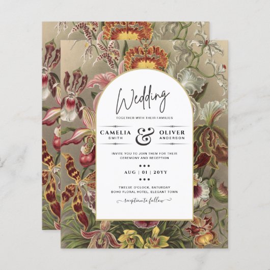 Antieke botanische bordeauxrode bloemen trouwkaart (Voorkant / Achterkant)