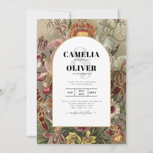 Antieke botanische bordeauxrode bloemen trouwuitno kaart (Voorkant)