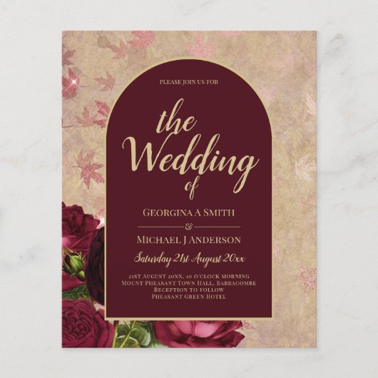 Antieke botanische dieprode rozen trouw gouden tek flyer (Voorkant)