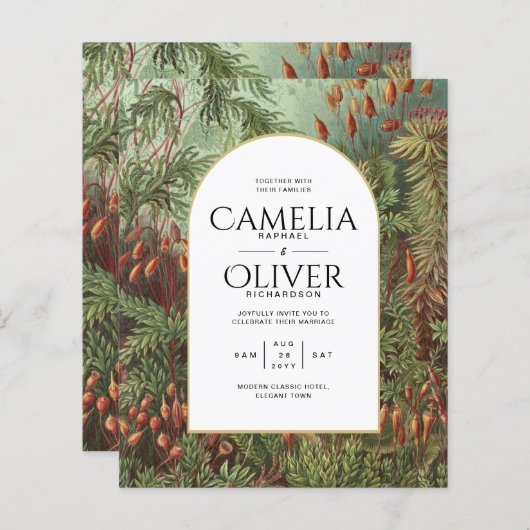 Antieke botanische groene terracotta trouwuitnodig (Voorkant / Achterkant)