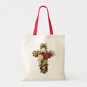 Antieke botanische kruis van rozen religieuze kuns tote bag