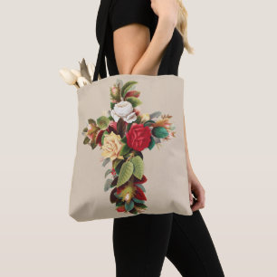 Antieke botanische kruis van rozen religieuze kuns tote bag