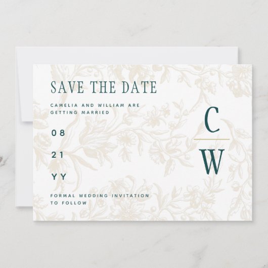 Antieke BOTANISCHE TEAL GOUDEN Huwelijk Save The Date (Voorkant)