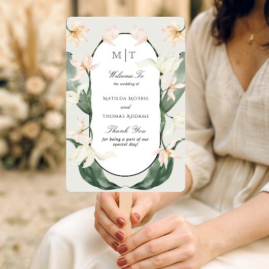 Antieke botanische tulpen monogram trouwprogramma handwaaier