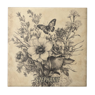 Antieke Botanische Vlinder Sepia Herbarium Tegeltje