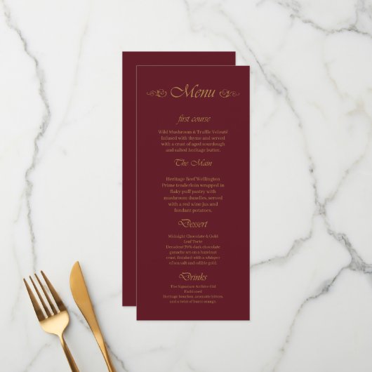 antieke Bourgondië & Crème Gouden Script Huwelijks Menu (Voorkant / Achterkant in situ)