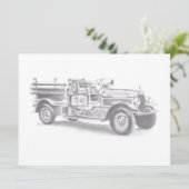 antieke brandweerwagen potloodschets brandweerman aankondiging (Staand voorkant)