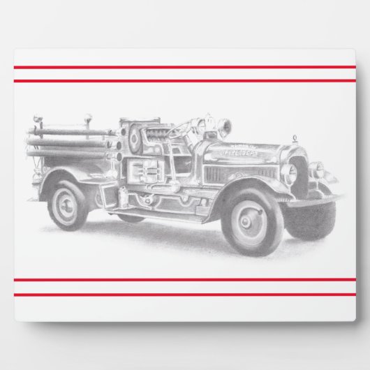 antieke brandweerwagen potloodschets brandweerman  fotoplaat (Voorkant)