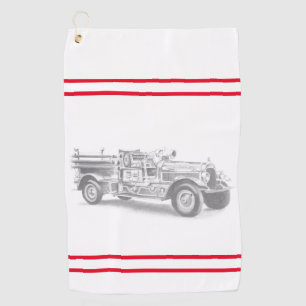 antieke brandweerwagen potloodschets brandweerman golfhanddoek