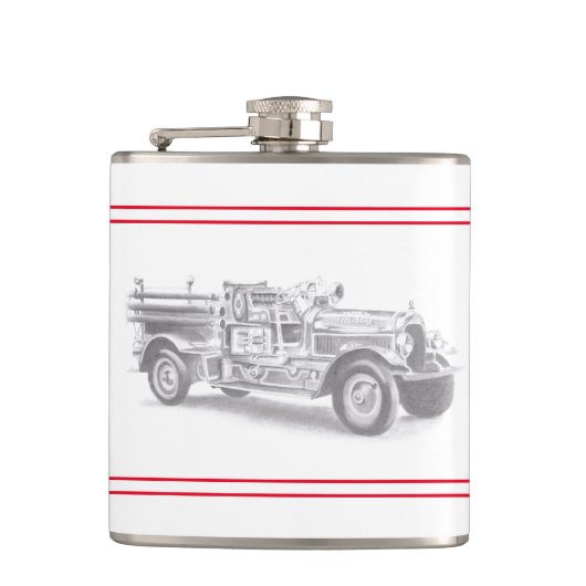 antieke brandweerwagen potloodschets brandweerman heupfles (Voorkant)