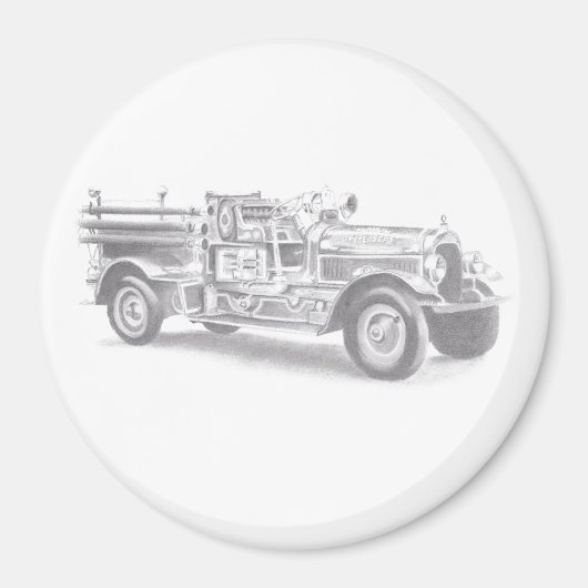 antieke brandweerwagen potloodschets brandweerman magneet (Voorkant)
