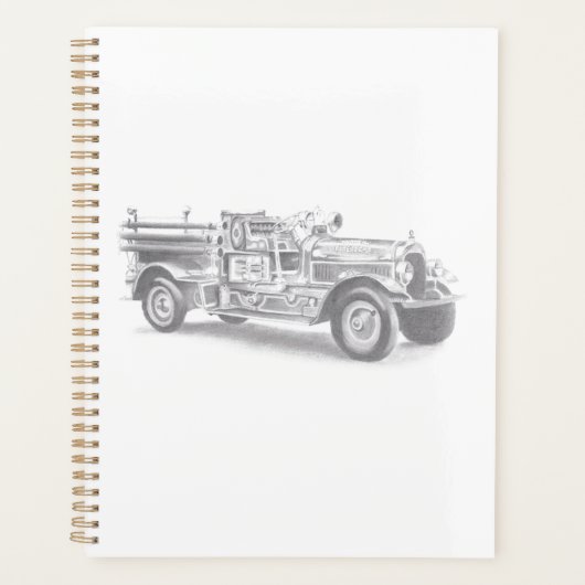 antieke brandweerwagen potloodschets brandweerman planner (Voorkant)