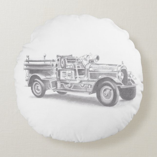 antieke brandweerwagen potloodschets brandweerman  rond kussen (Voorkant)