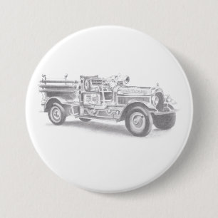 antieke brandweerwagen potloodschets brandweerman ronde button 7,6 cm