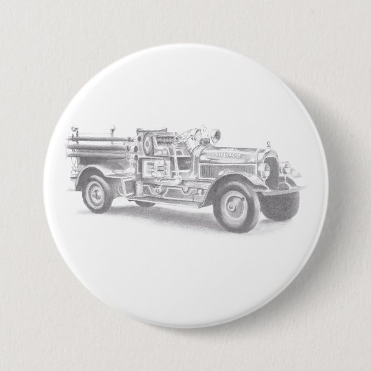antieke brandweerwagen potloodschets brandweerman ronde button 7,6 cm (Voorkant)