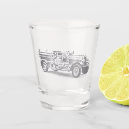 antieke brandweerwagen potloodschets brandweerman shot glas (Voorkant)