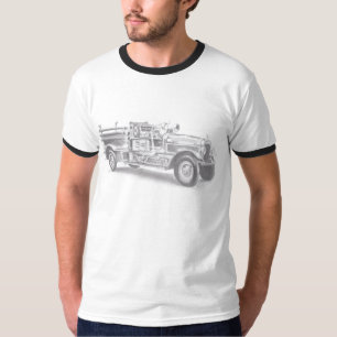 antieke brandweerwagen potloodschets brandweerman t-shirt