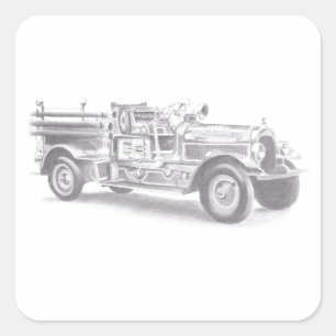 antieke brandweerwagen potloodschets brandweerman  vierkante sticker