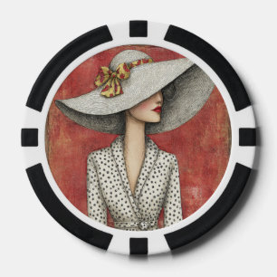 Antieke brede zonnehoed dame op rood poker chips