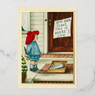 Antieke brief van kind aan kerstman uit 1910 in go folie feestdagenkaart