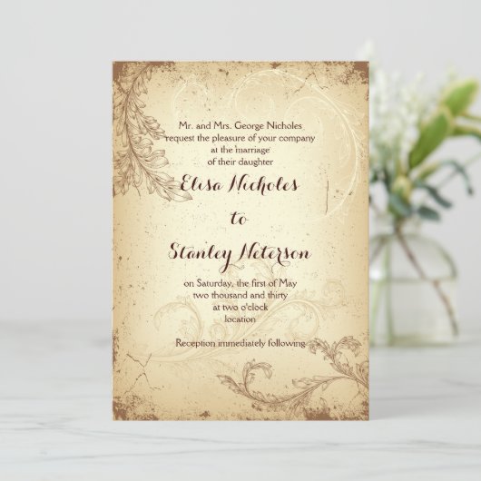 Antieke bruine beige rol blad trouwkaart kaart (Staand voorkant)