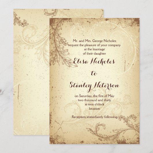 Antieke bruine beige rol blad trouwkaart kaart (Voorkant / Achterkant)