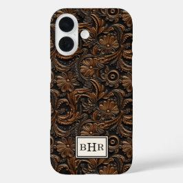 Antieke bruine bewerkte leder monogram iPhone 16 hoesje