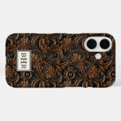 Antieke bruine bewerkte leder monogram Case-Mate iPhone case (Achterkant (horizontaal))