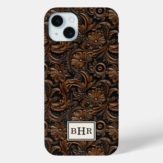 Antieke bruine bewerkte leder monogram Case-Mate iPhone case (Achterkant)