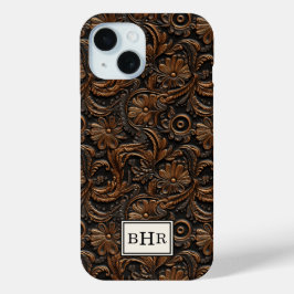Antieke bruine bewerkte leder monogram iPhone 15 case