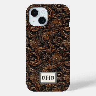 Antieke bruine bewerkte leder monogram iPhone 15 case