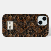 Antieke bruine bewerkte leder monogram Case-Mate iPhone case (Achterkant (horizontaal))