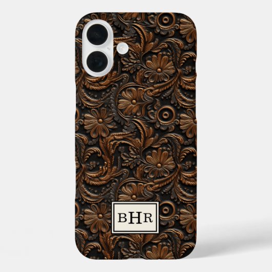 Antieke bruine bewerkte leren monogram Case-Mate iPhone case (Achterkant)