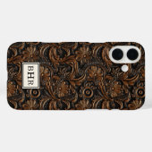 Antieke bruine bewerkte leren monogram Case-Mate iPhone case (Achterkant (horizontaal))