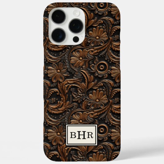 Antieke bruine bewerkte leren monogram Case-Mate iPhone case (Achterkant)