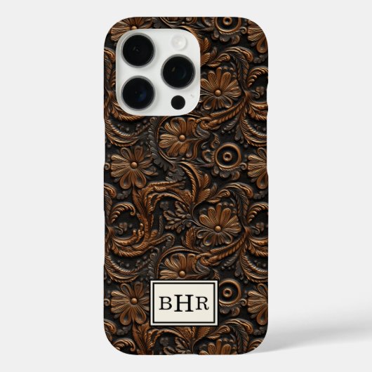 Antieke bruine bewerkte leren monogram Case-Mate iPhone case (Achterkant)