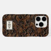 Antieke bruine bewerkte leren monogram Case-Mate iPhone case (Achterkant (horizontaal))