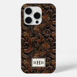 Antieke bruine bewerkte leren monogram iPhone 15 pro case