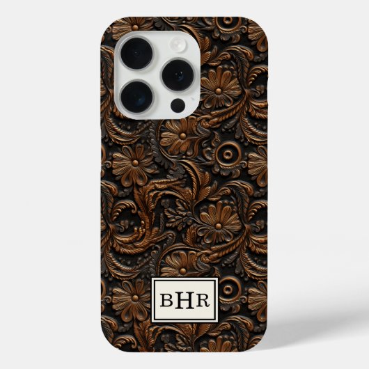 Antieke bruine bewerkte leren monogram Case-Mate iPhone case (Achterkant)